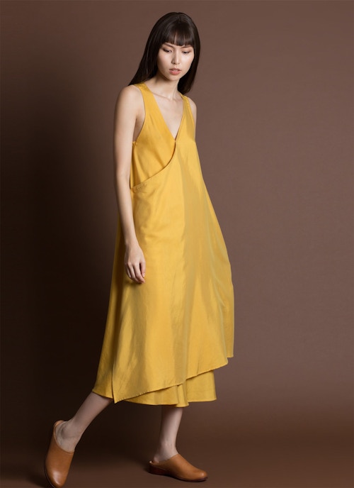 Papen Sleeveless Wrap Layered Midi Dress - Lemon